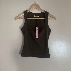 QINSEN Women's Square Neck Sleeveless Double-Layer Tank Top Brown S